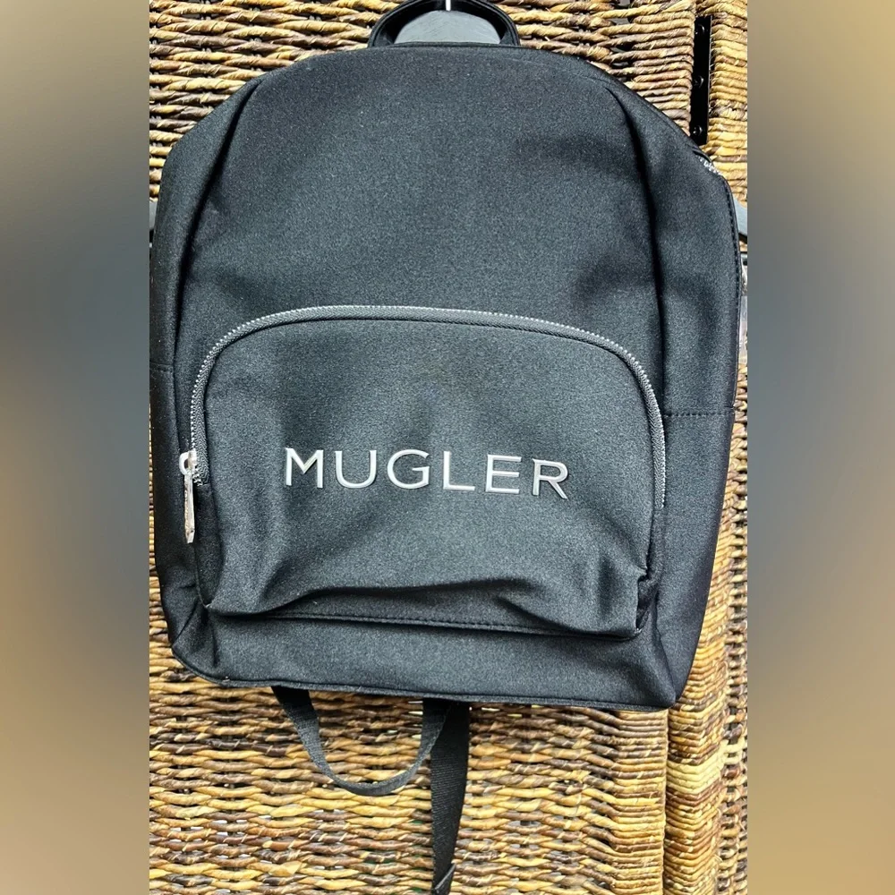 Mugler - Black Backpack- New, plastic over two zippers, Apprx: 11”x13”